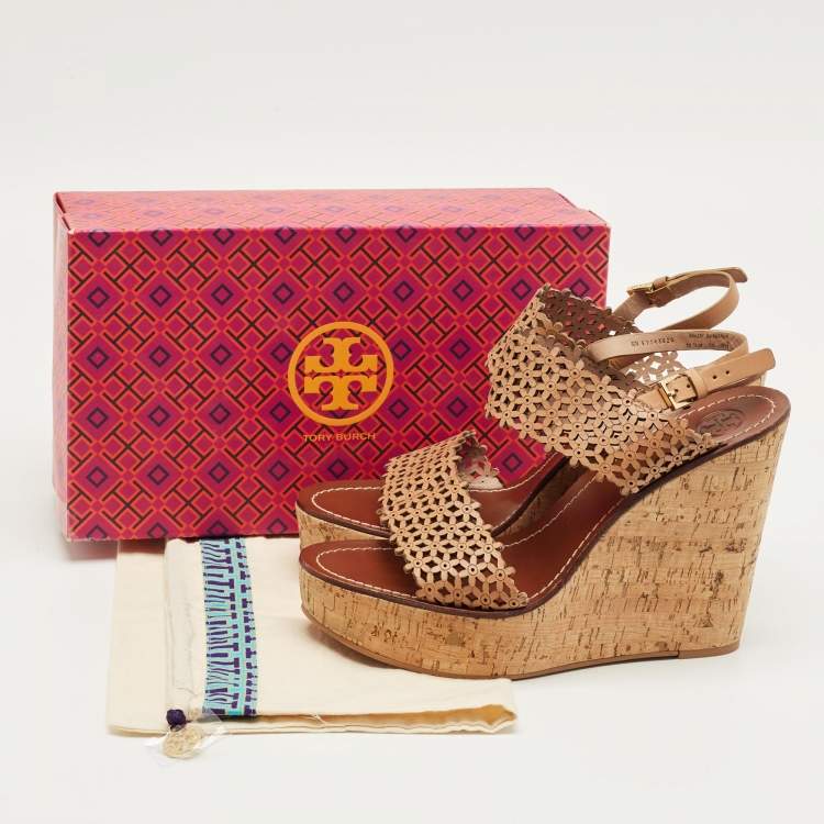 Pre Owned Tory Burch Beige Perforated Leather Daisy Cork Wedge Sandals Size 40.5