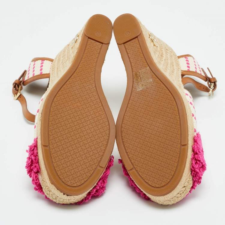 Pre Owned Tory Burch Cream/Pink Canvas and Leather Espadrille Wedge Sandals Size 41
