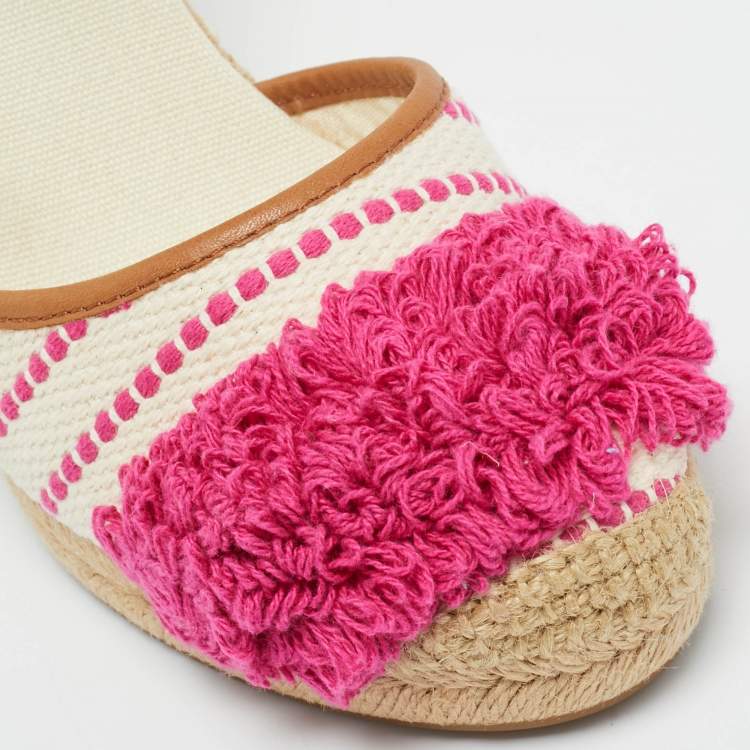 Pre Owned Tory Burch Cream/Pink Canvas and Leather Espadrille Wedge Sandals Size 41