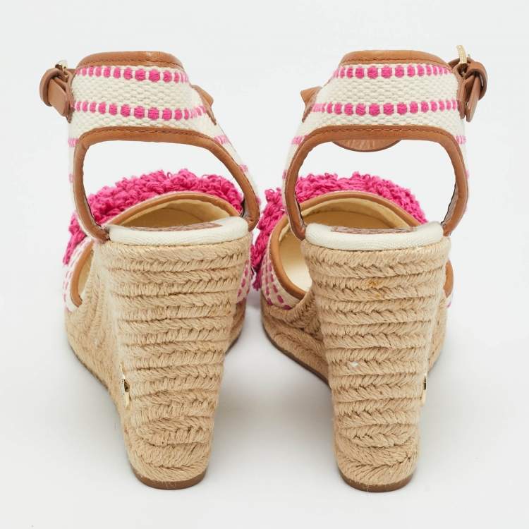 Pre Owned Tory Burch Cream/Pink Canvas and Leather Espadrille Wedge Sandals Size 41