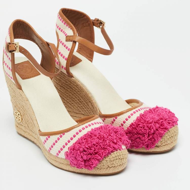 Pre Owned Tory Burch Cream/Pink Canvas and Leather Espadrille Wedge Sandals Size 41