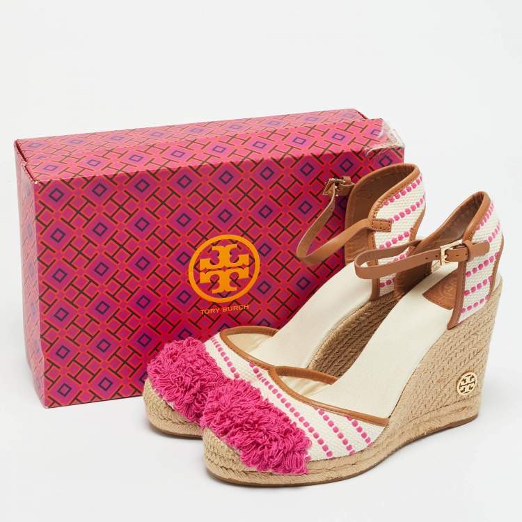 Pre Owned Tory Burch Cream/Pink Canvas and Leather Espadrille Wedge Sandals Size 41