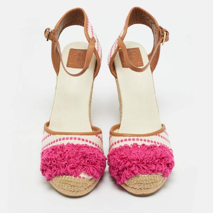 Pre Owned Tory Burch Cream/Pink Canvas and Leather Espadrille Wedge Sandals Size 41