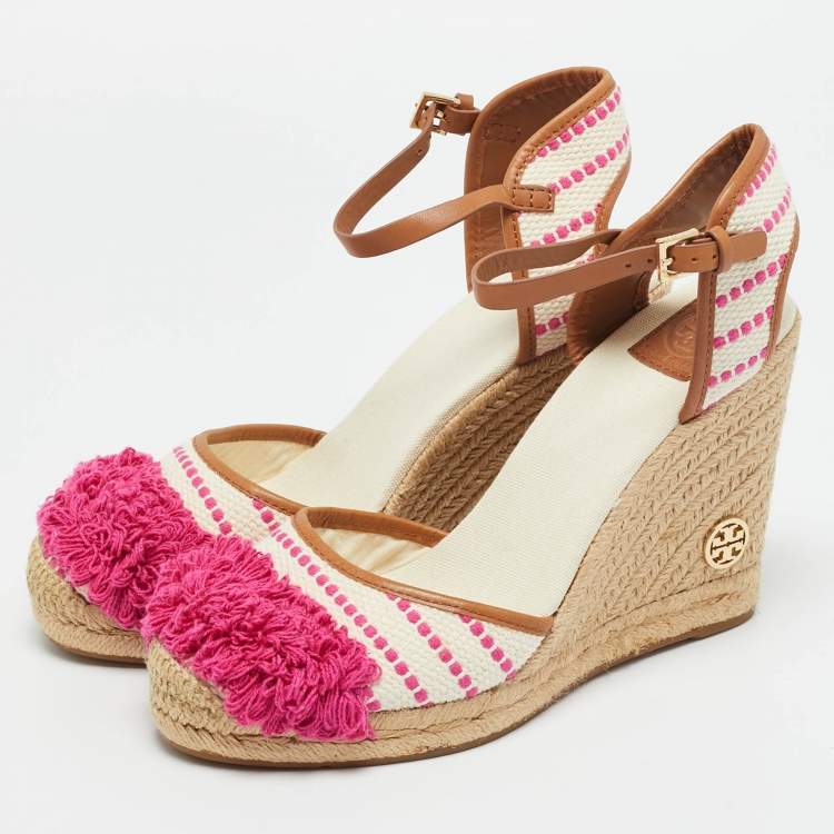 Pre Owned Tory Burch Cream/Pink Canvas and Leather Espadrille Wedge Sandals Size 41