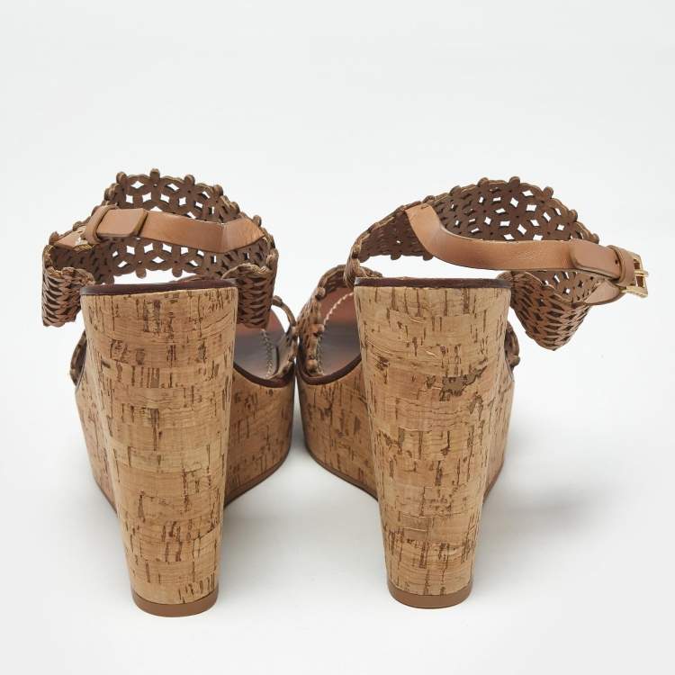 Pre Owned Tory Burch Beige Perforated Leather Daisy Cork Wedge Sandals Size 40.5