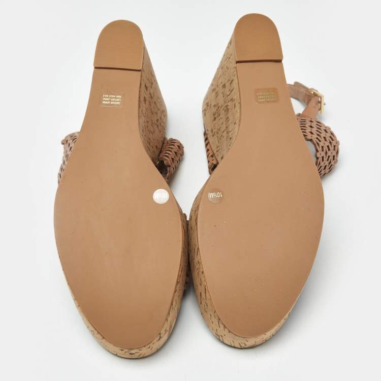 Pre Owned Tory Burch Beige Perforated Leather Daisy Cork Wedge Sandals Size 40.5