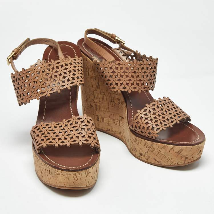 Pre Owned Tory Burch Beige Perforated Leather Daisy Cork Wedge Sandals Size 40.5