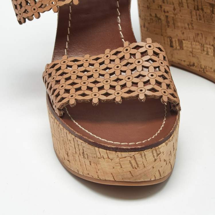 Pre Owned Tory Burch Beige Perforated Leather Daisy Cork Wedge Sandals Size 40.5