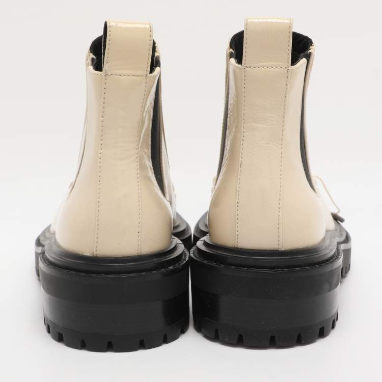 Pre Owned Tory Burch Cream Elastane and Patent Leather Jessa Chelsea Mid Calf Boots Size 38.5