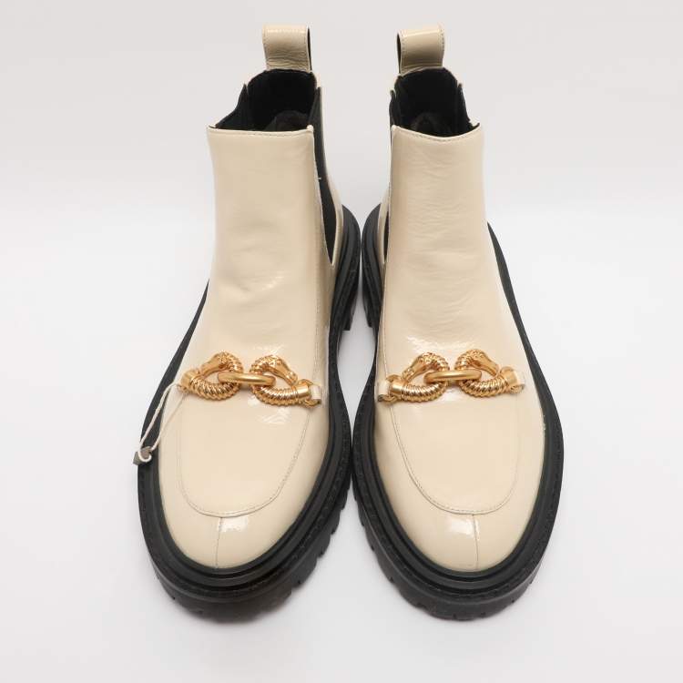 Pre Owned Tory Burch Cream Elastane and Patent Leather Jessa Chelsea Mid Calf Boots Size 38.5