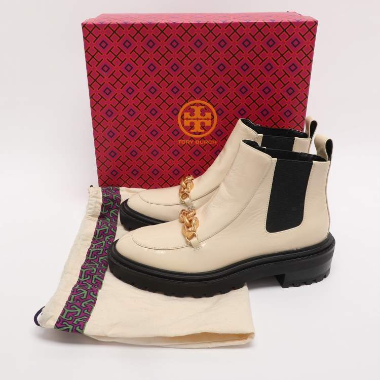Pre Owned Tory Burch Cream Elastane and Patent Leather Jessa Chelsea Mid Calf Boots Size 38.5