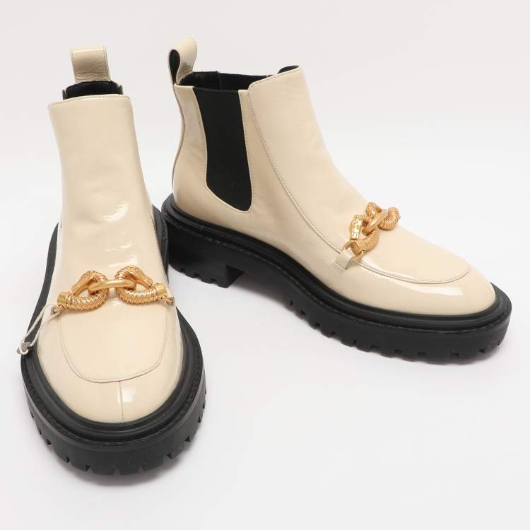 Pre Owned Tory Burch Cream Elastane and Patent Leather Jessa Chelsea Mid Calf Boots Size 38.5