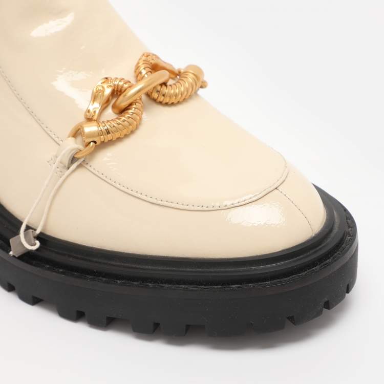 Pre Owned Tory Burch Cream Elastane and Patent Leather Jessa Chelsea Mid Calf Boots Size 38.5