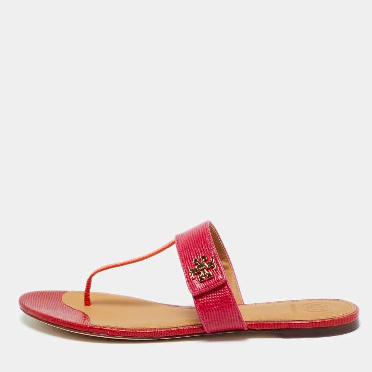 Pre Owned Tory Burch Kira Size 40 Pink/Orange Lizard Embossed Leather Thong Flat Sandals