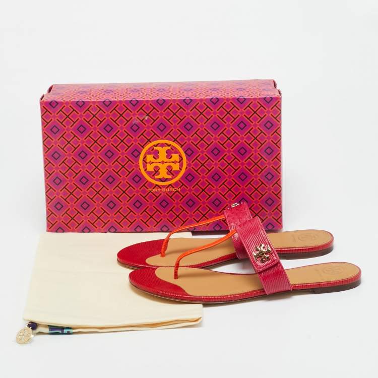 Pre Owned Tory Burch Kira Size 40 Pink/Orange Lizard Embossed Leather Thong Flat Sandals
