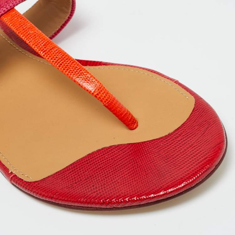 Pre Owned Tory Burch Kira Size 40 Pink/Orange Lizard Embossed Leather Thong Flat Sandals