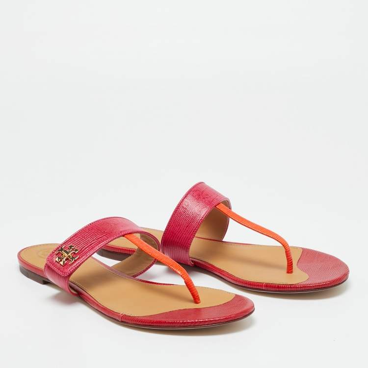 Pre Owned Tory Burch Kira Size 40 Pink/Orange Lizard Embossed Leather Thong Flat Sandals