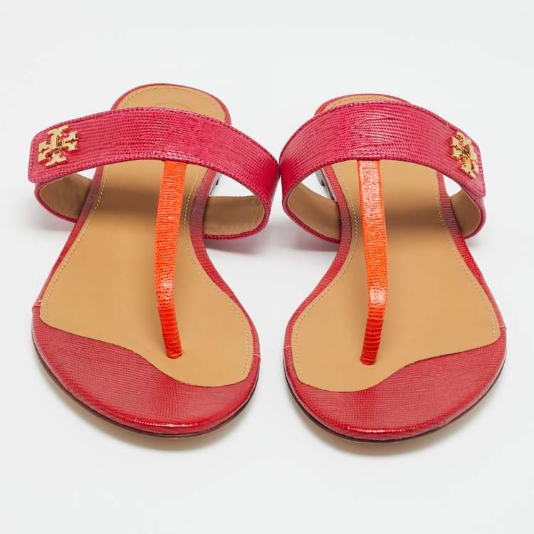 Pre Owned Tory Burch Kira Size 40 Pink/Orange Lizard Embossed Leather Thong Flat Sandals