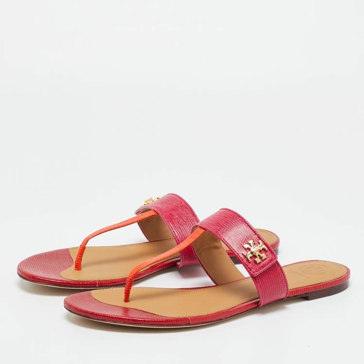 Pre Owned Tory Burch Kira Size 40 Pink/Orange Lizard Embossed Leather Thong Flat Sandals