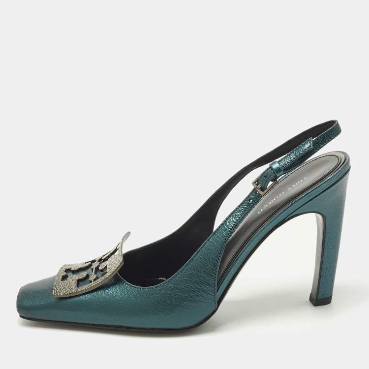 Pre Owned Tory Burch Pave Logo Size 37.5 Teal Green Leather Pumps