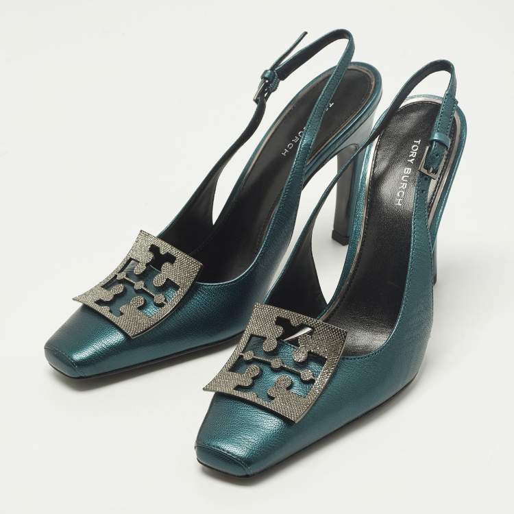 Pre Owned Tory Burch Pave Logo Size 37.5 Teal Green Leather Pumps