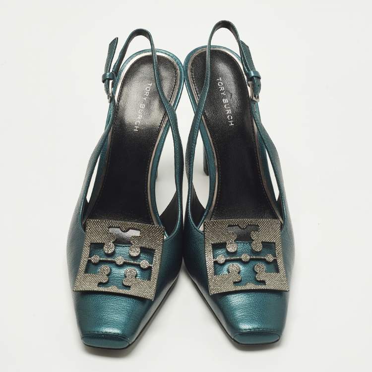 Pre Owned Tory Burch Pave Logo Size 37.5 Teal Green Leather Pumps