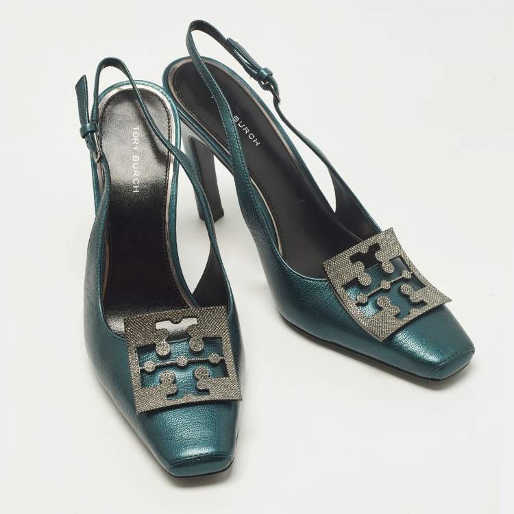 Pre Owned Tory Burch Pave Logo Size 37.5 Teal Green Leather Pumps