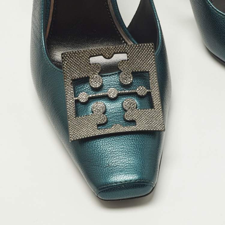 Pre Owned Tory Burch Pave Logo Size 37.5 Teal Green Leather Pumps