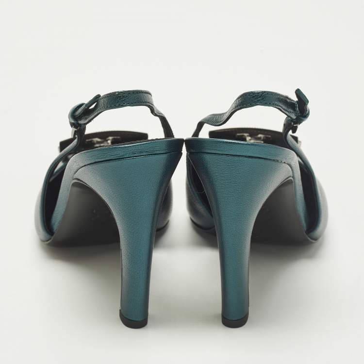 Pre Owned Tory Burch Pave Logo Size 37.5 Teal Green Leather Pumps