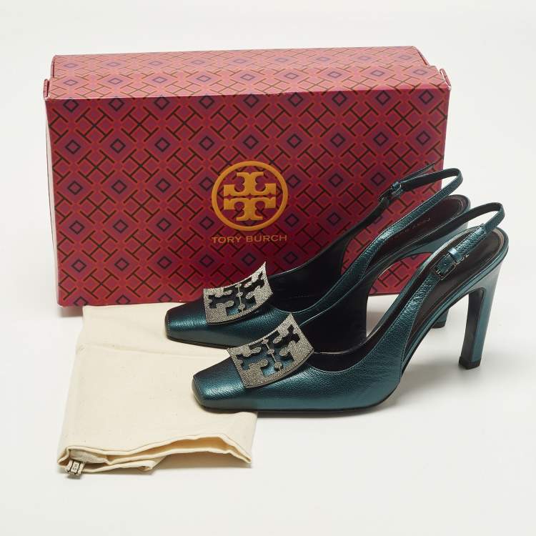 Pre Owned Tory Burch Pave Logo Size 37.5 Teal Green Leather Pumps