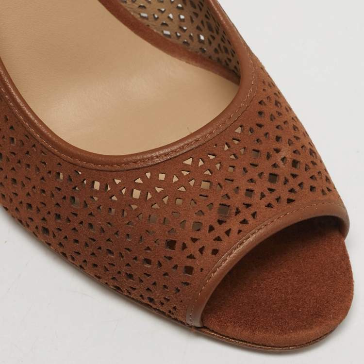 مملوكة مسبقًا Tory Burch Elinor 90mm Size 40 Brown Laser Cut Suede Peep Toe Pumps