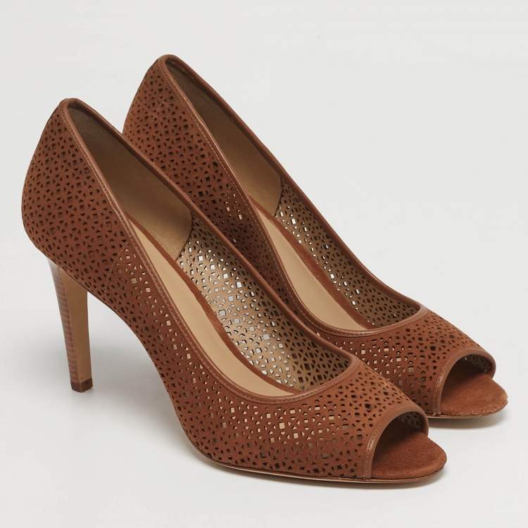 مملوكة مسبقًا Tory Burch Elinor 90mm Size 40 Brown Laser Cut Suede Peep Toe Pumps