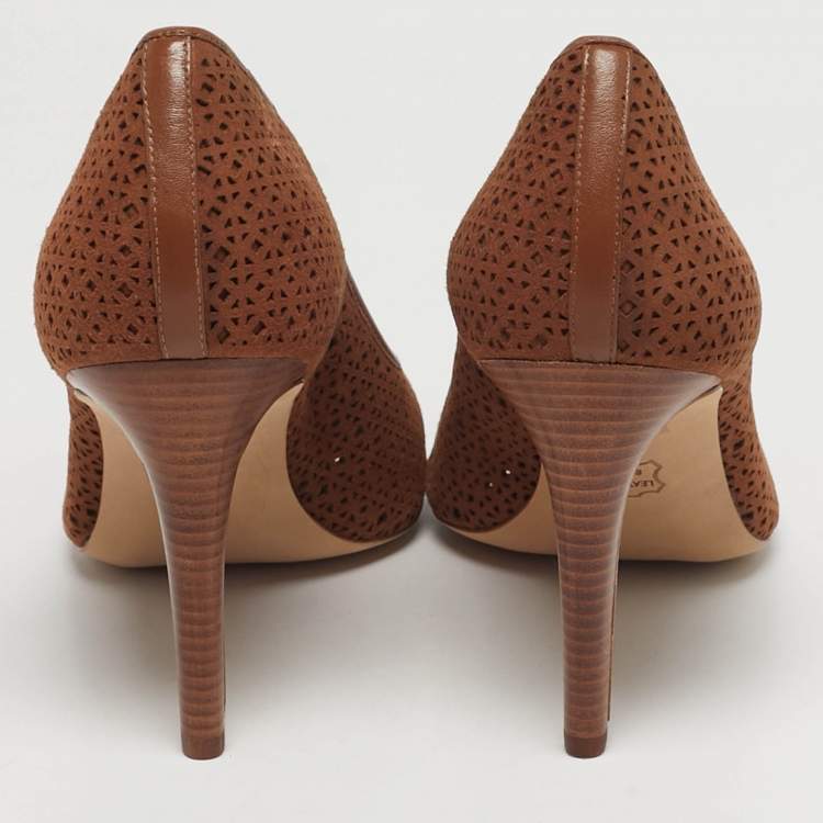 مملوكة مسبقًا Tory Burch Elinor 90mm Size 40 Brown Laser Cut Suede Peep Toe Pumps