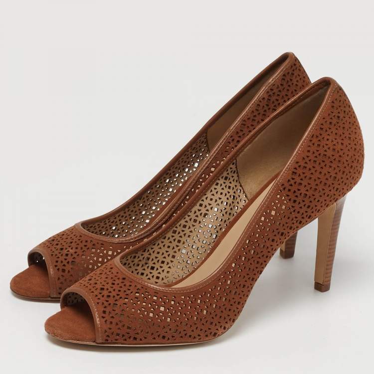مملوكة مسبقًا Tory Burch Elinor 90mm Size 40 Brown Laser Cut Suede Peep Toe Pumps