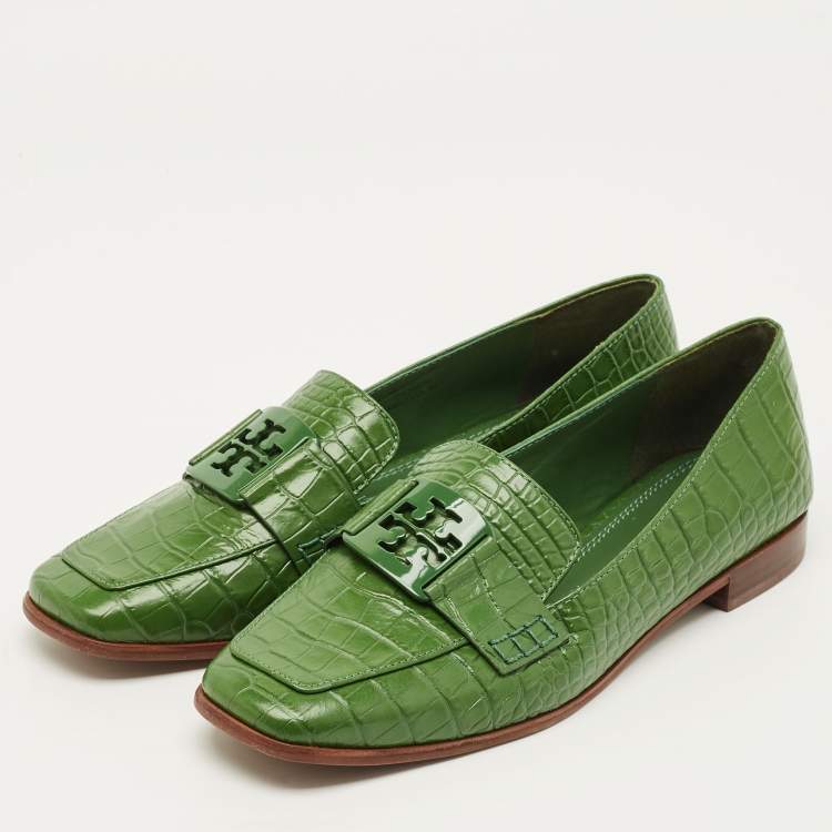 Pre Owned Tory Burch Georgia Size 39 Green Croc Embossed Leather Loafers