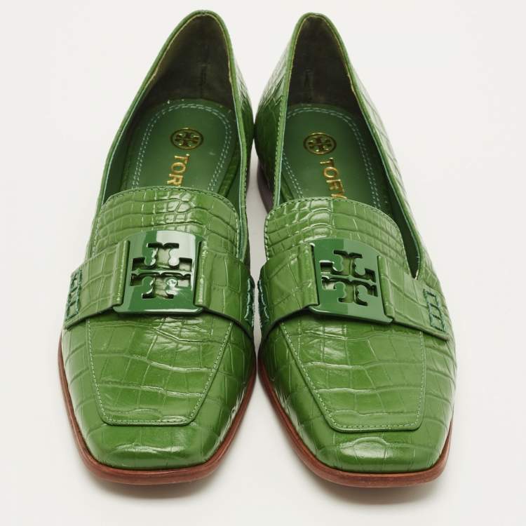 Pre Owned Tory Burch Georgia Size 39 Green Croc Embossed Leather Loafers