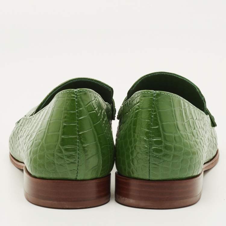 Pre Owned Tory Burch Georgia Size 39 Green Croc Embossed Leather Loafers