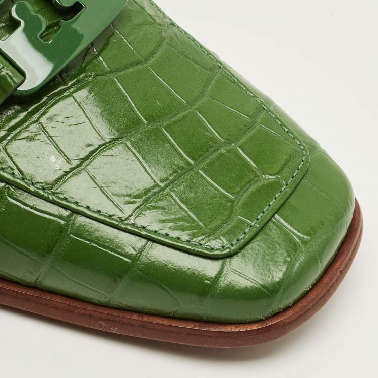 Pre Owned Tory Burch Georgia Size 39 Green Croc Embossed Leather Loafers