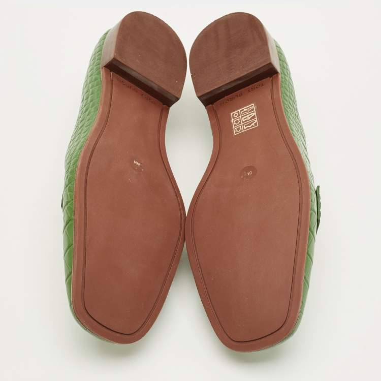 Pre Owned Tory Burch Georgia Size 39 Green Croc Embossed Leather Loafers