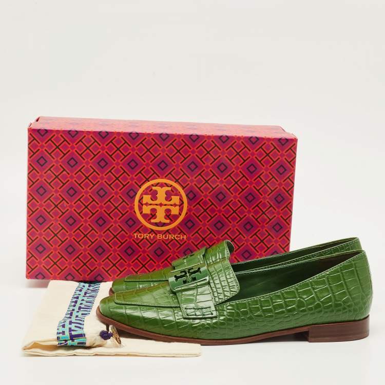 Pre Owned Tory Burch Georgia Size 39 Green Croc Embossed Leather Loafers