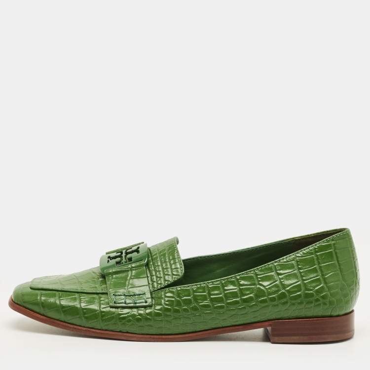 Pre Owned Tory Burch Georgia Size 39 Green Croc Embossed Leather Loafers