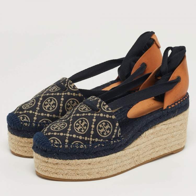 Pre Owned Tory Burch Size 38 Navy Blue/Beige T Monogram Canvas Espadrille Wedge Sandals