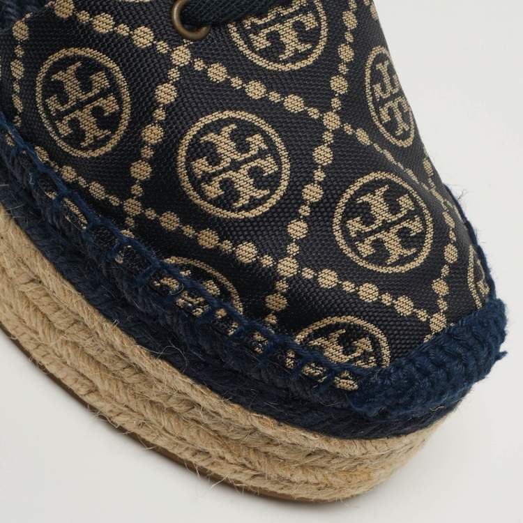 Pre Owned Tory Burch Size 38 Navy Blue/Beige T Monogram Canvas Espadrille Wedge Sandals