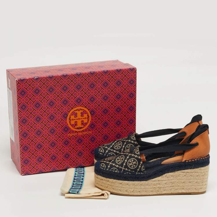 Pre Owned Tory Burch Size 38 Navy Blue/Beige T Monogram Canvas Espadrille Wedge Sandals