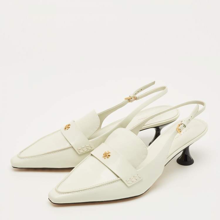 Pre Owned Tory Burch Size 41 White Brushed Leather Slingback Pumps