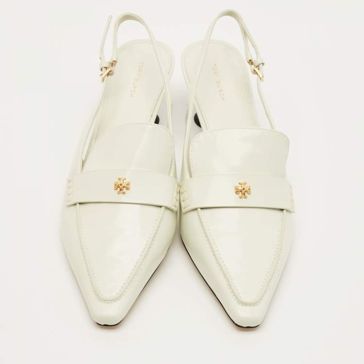 Pre Owned Tory Burch Size 41 White Brushed Leather Slingback Pumps