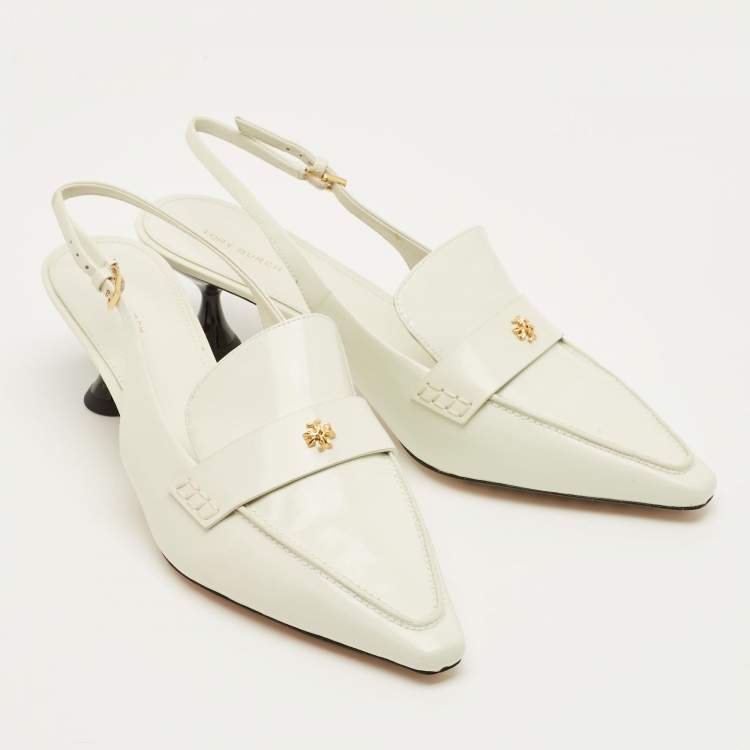 Pre Owned Tory Burch Size 41 White Brushed Leather Slingback Pumps
