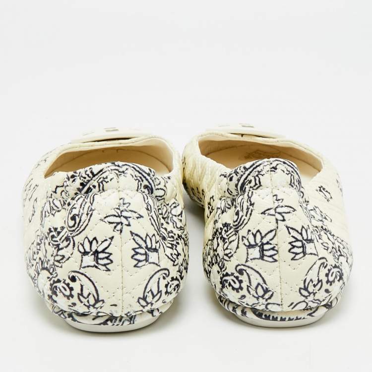 Pre Owned Tory Burch Minnie Size 39 Cream/Black Quilted Leather Ballet Flats