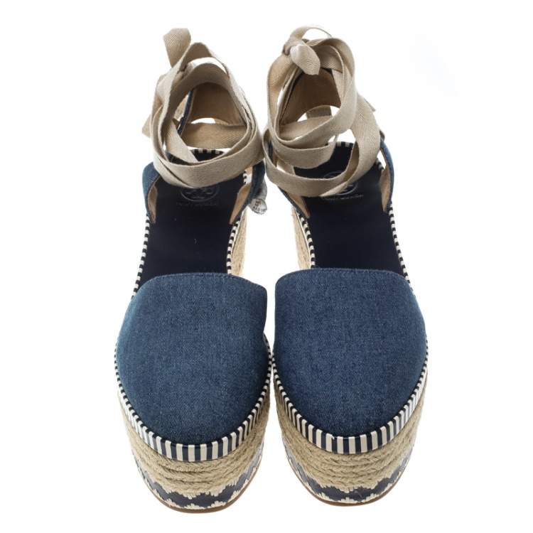 Pre Owned Tory Burch Blue Denim Dandy Ankle Wrap Espadrille Wedge Sandals Size 40