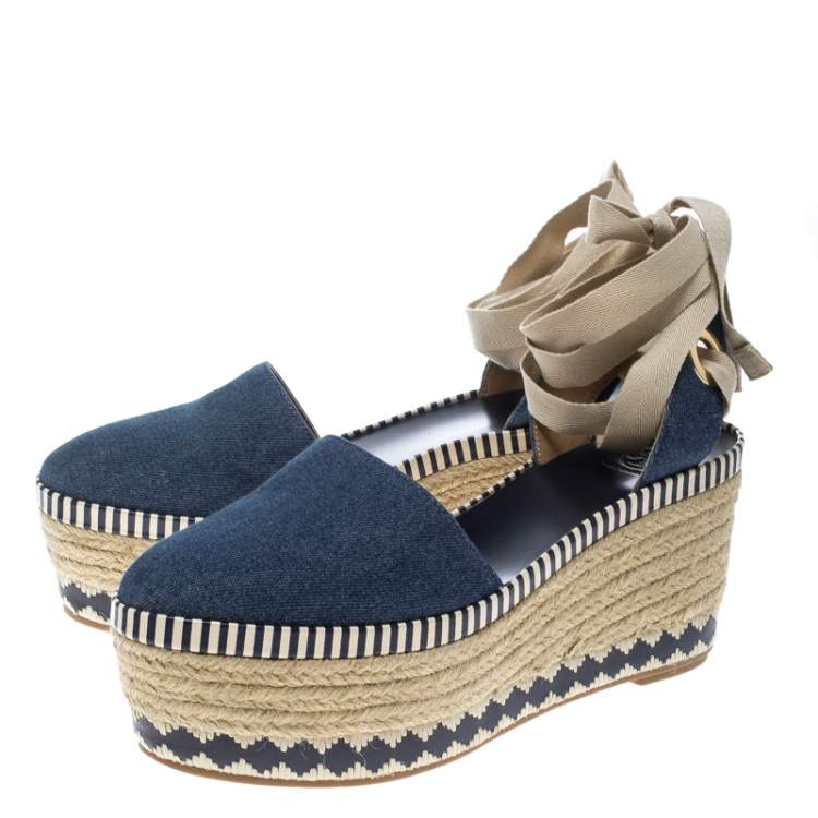 Pre Owned Tory Burch Blue Denim Dandy Ankle Wrap Espadrille Wedge Sandals Size 40